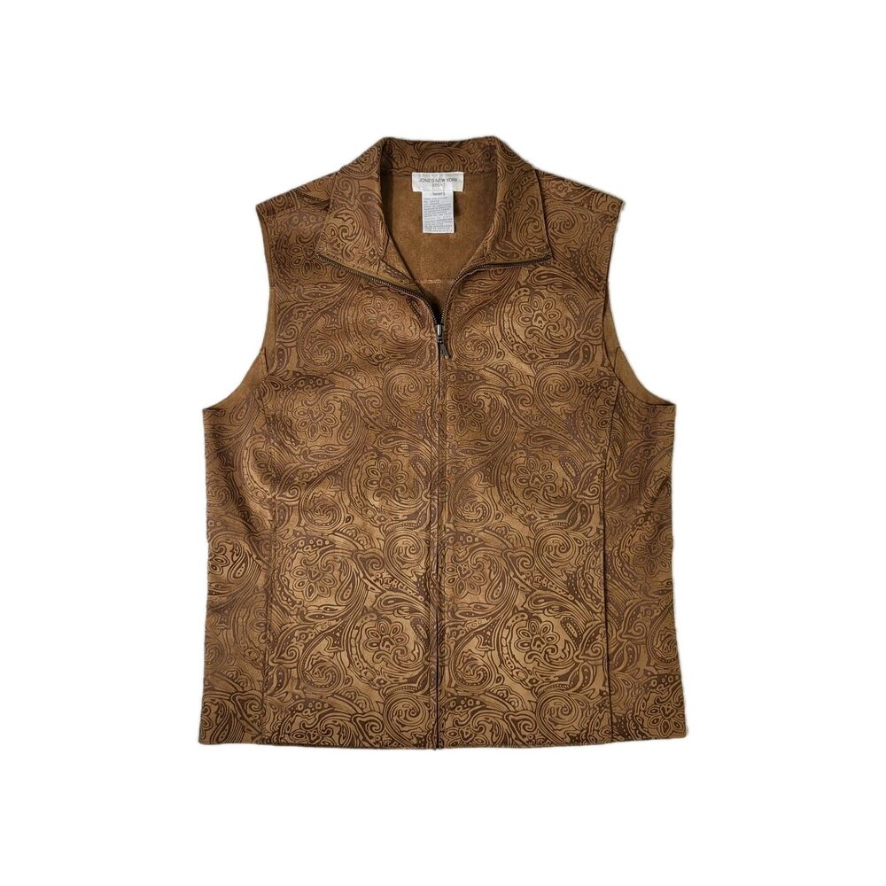 Jones New York Women's Medium Brown Faux Suede Full Zip Vest Boho Retro Etched